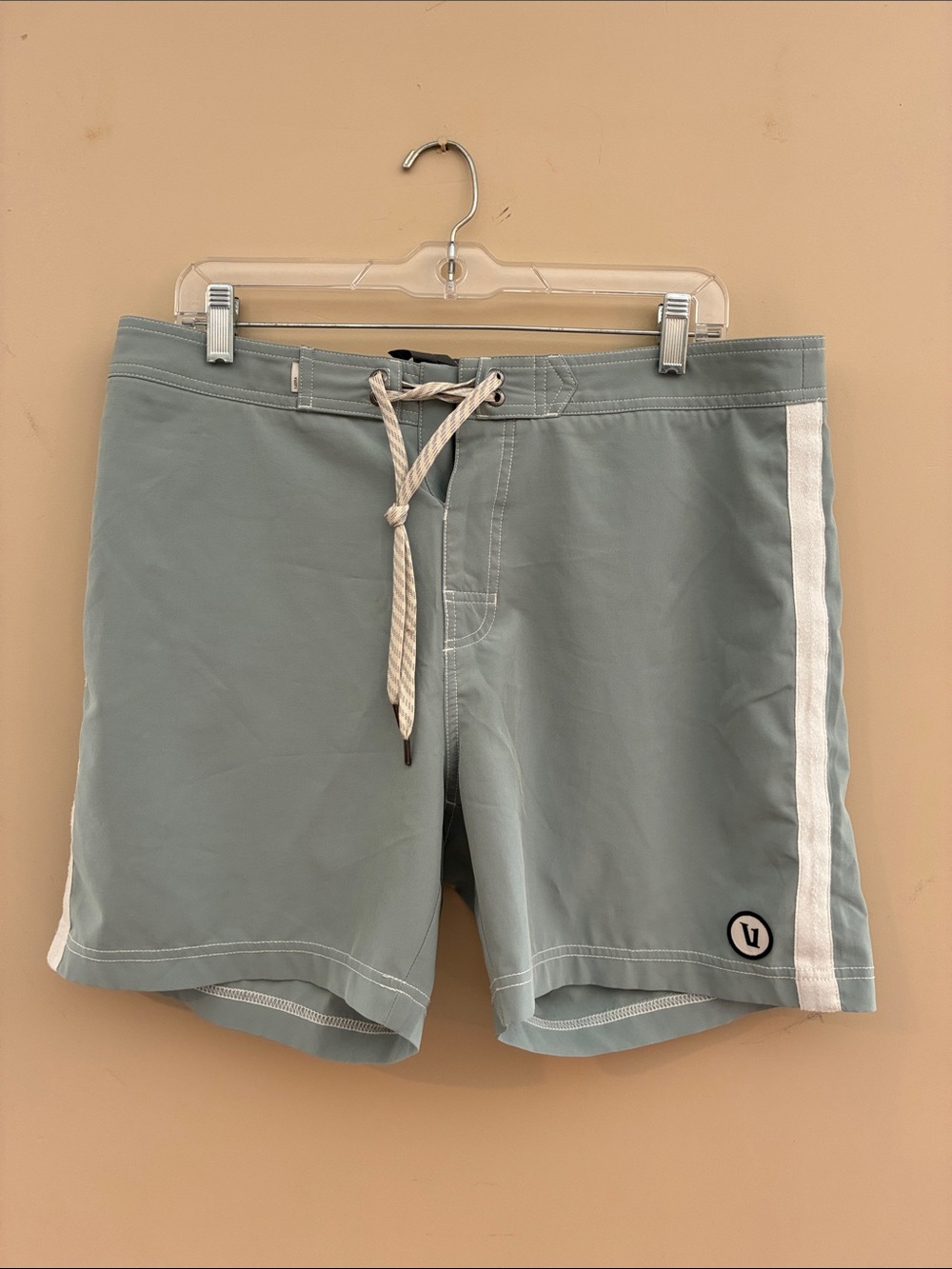 Vuori Size 33. Sage Green Swim Trunks with White Side Stripe